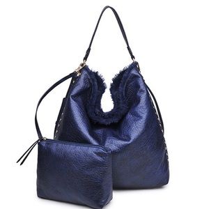 Reversible Fur Slouchy Hobo Bag in Navy,Boutique